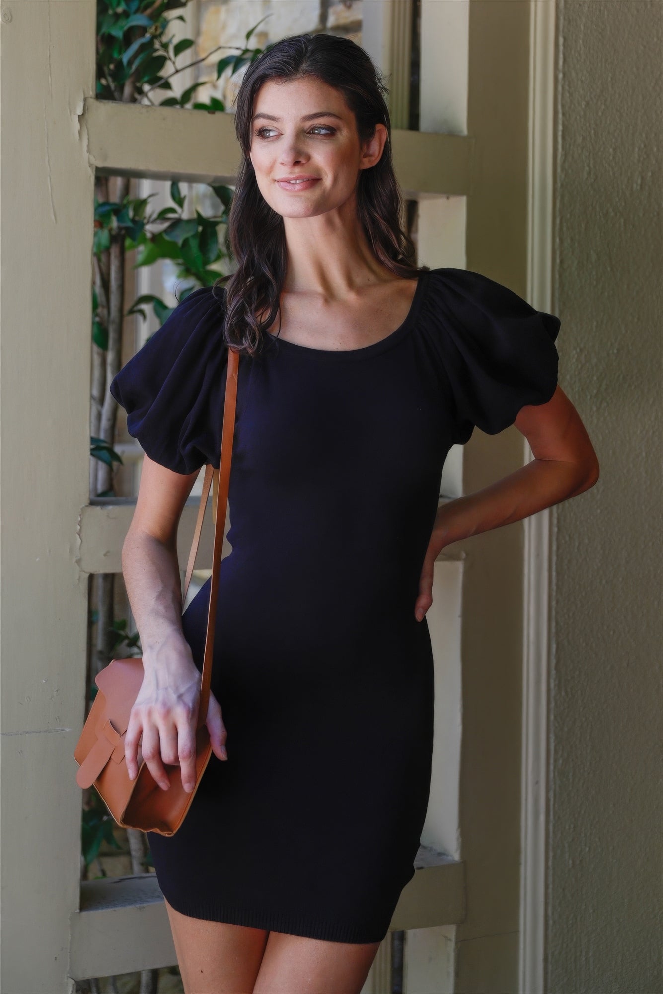 Viscose Mini Dress with Balloon Sleeves & Bodycon Design