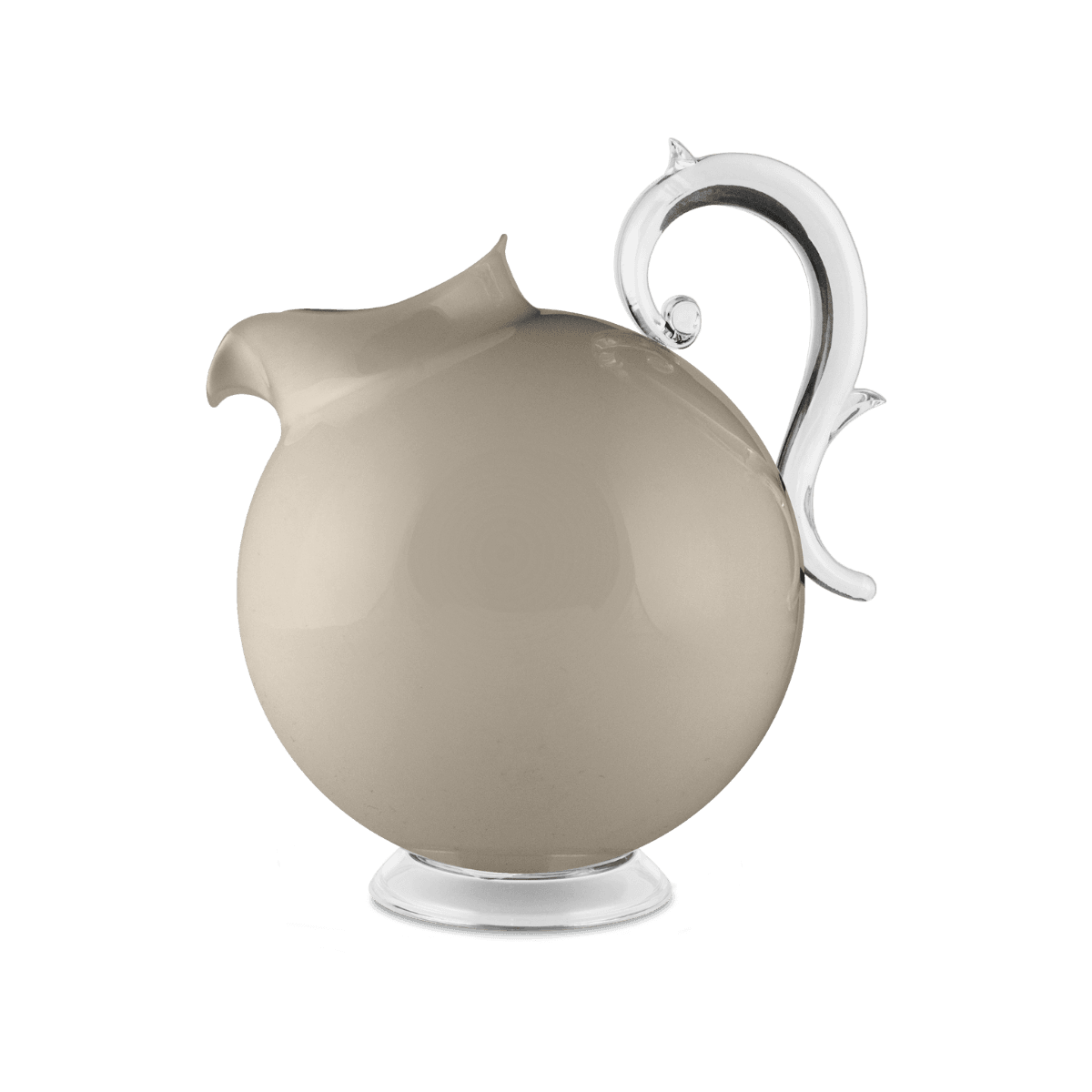 Beige ceramic pitcher with silver handle on a dark blue background
