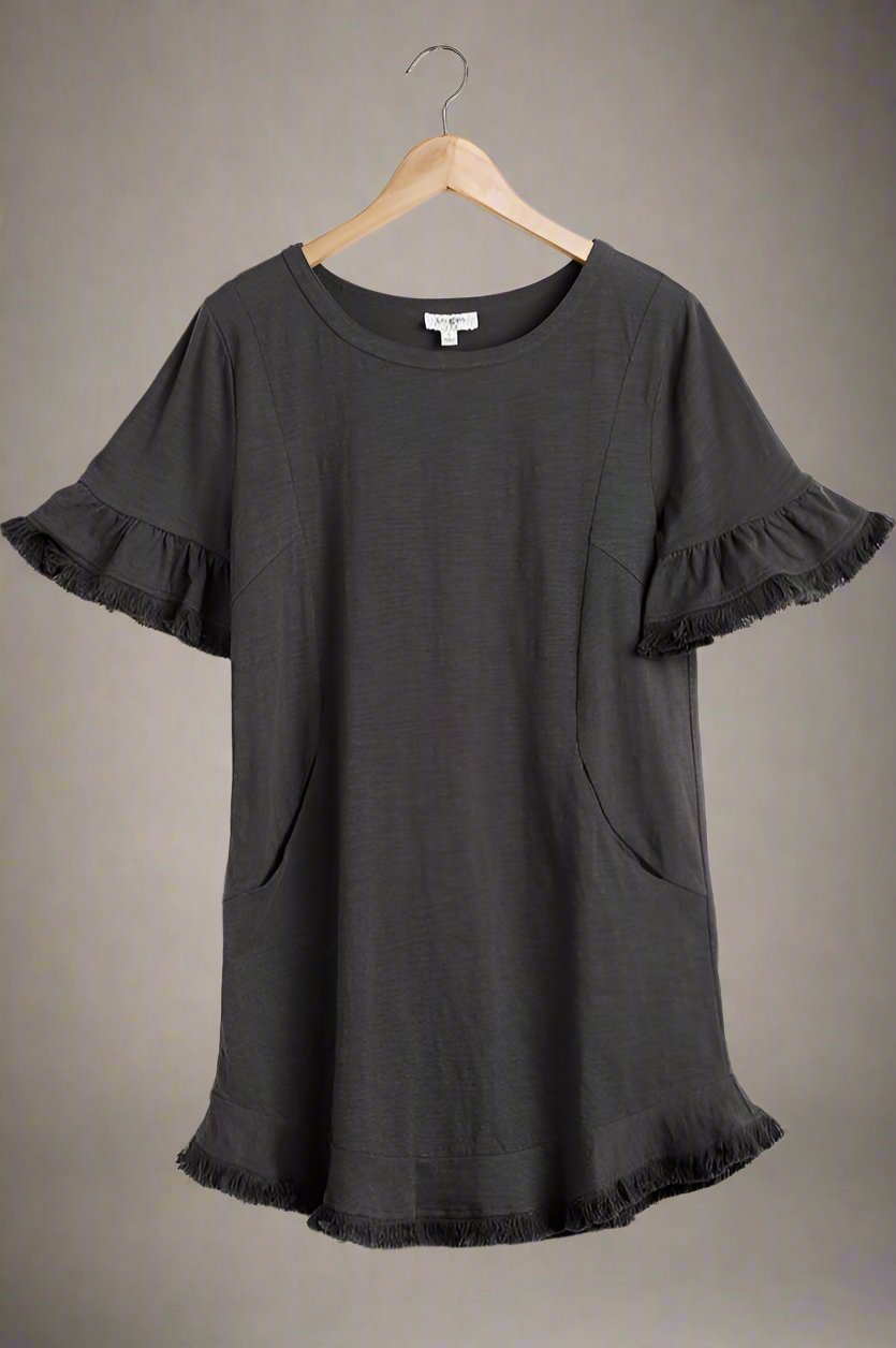 Short Ruffle Frayed Hem And Round Neck Dress With Pockets