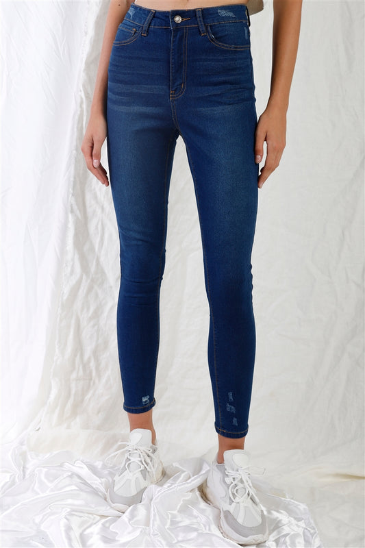 Dark Wash High-Waist Minimally Distressed Skinny Jeans