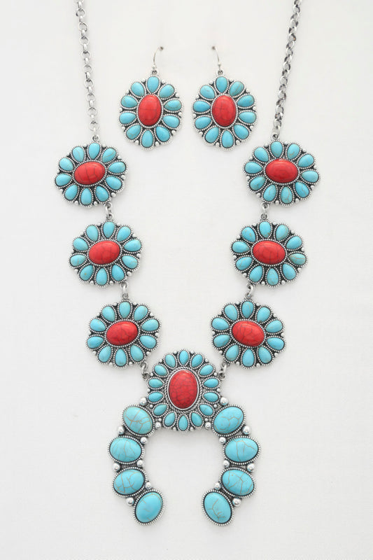 Western Concho Necklace in Coral & Turquoise