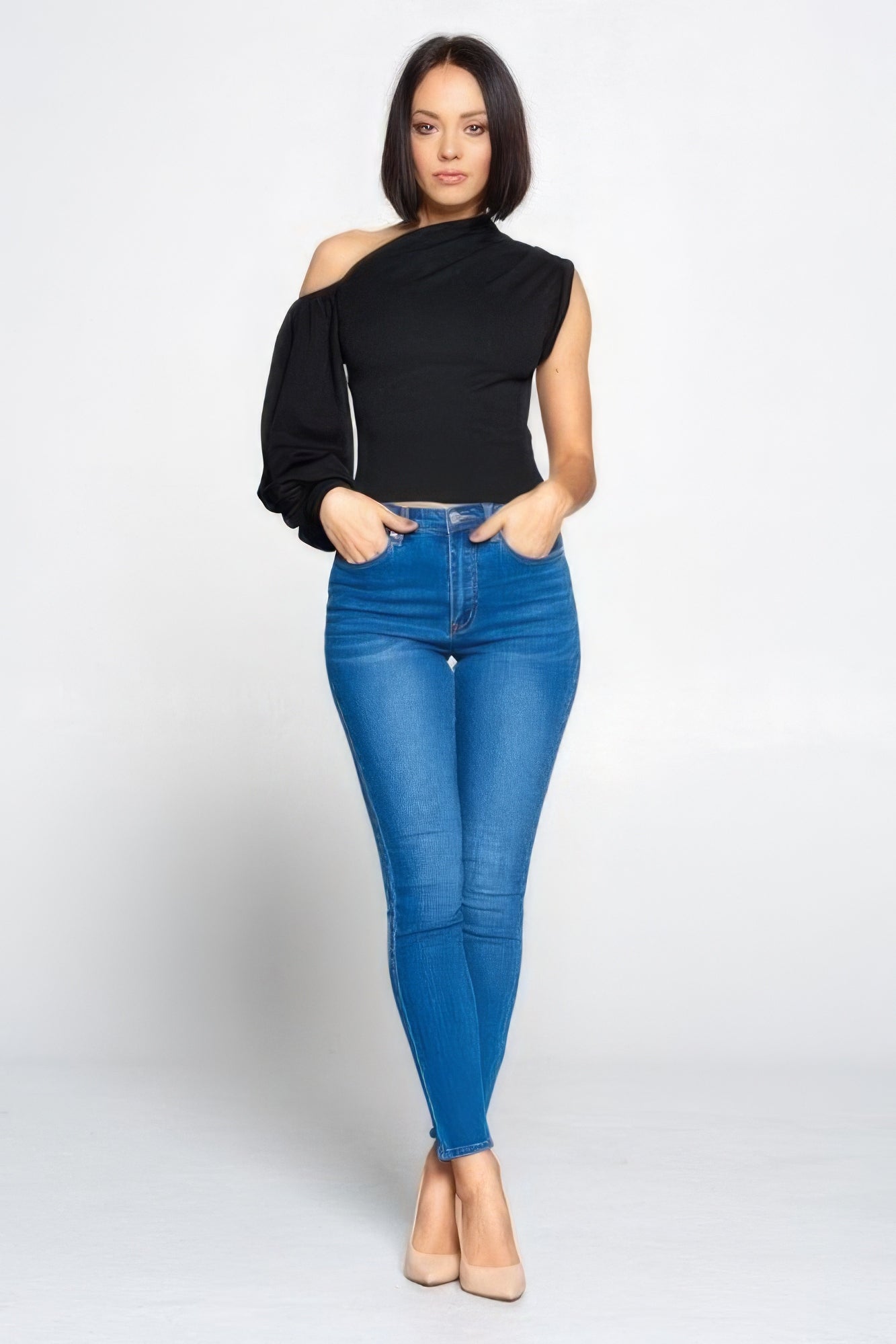 One-Shoulder Blousson-Sleeved Top