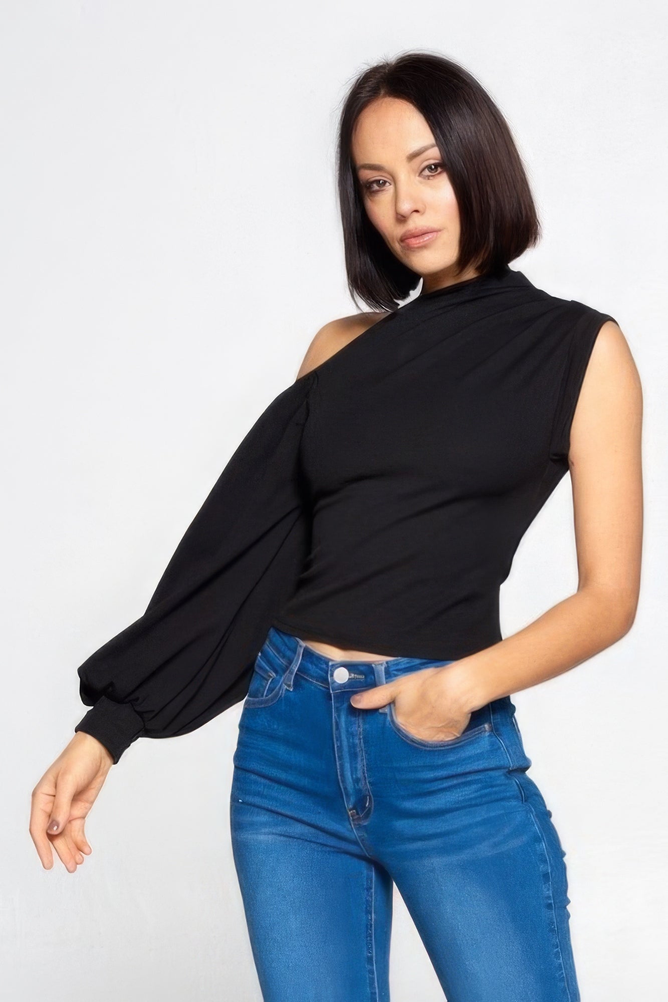 One-Shoulder Blousson-Sleeved Top