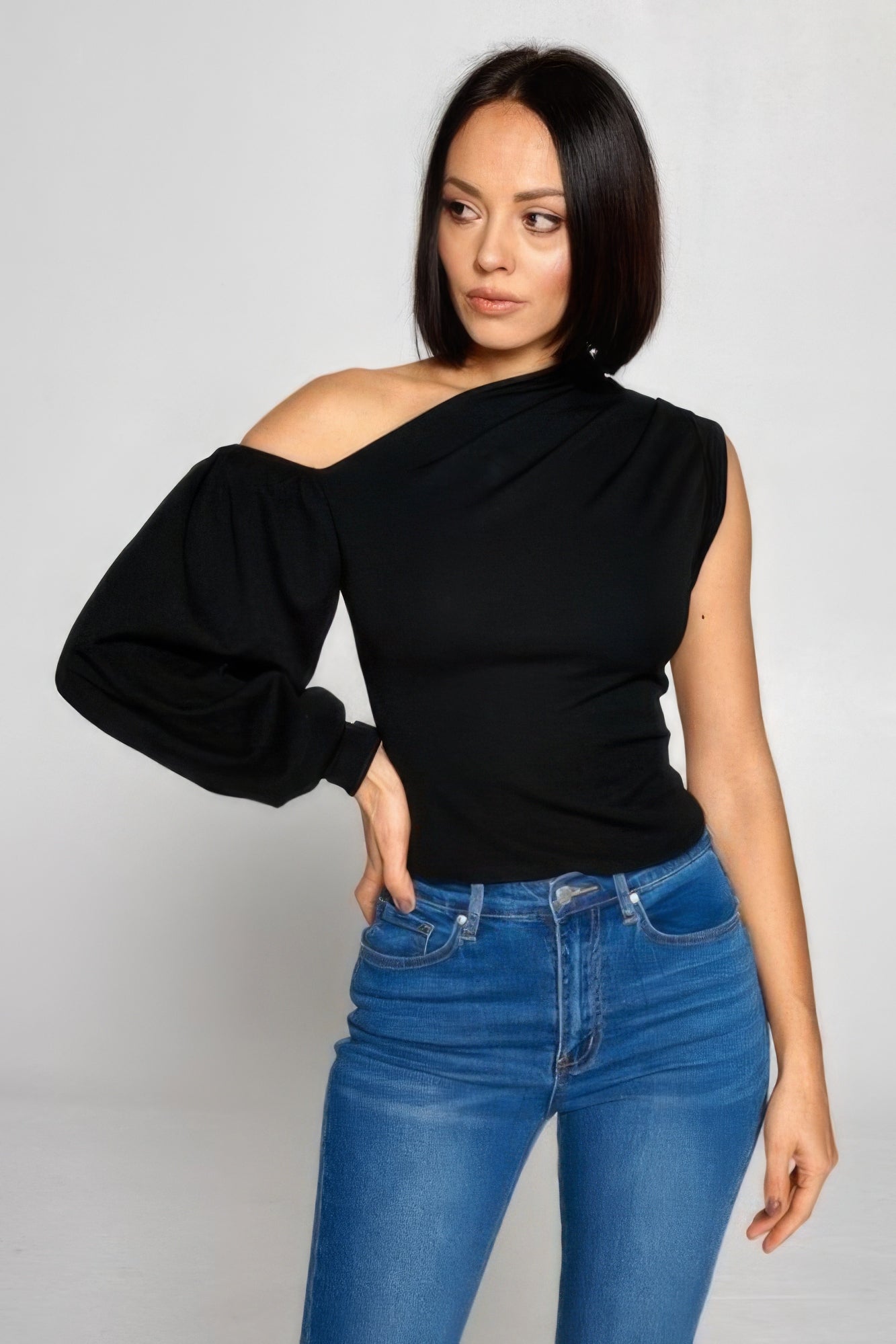 One-Shoulder Blousson-Sleeved Top