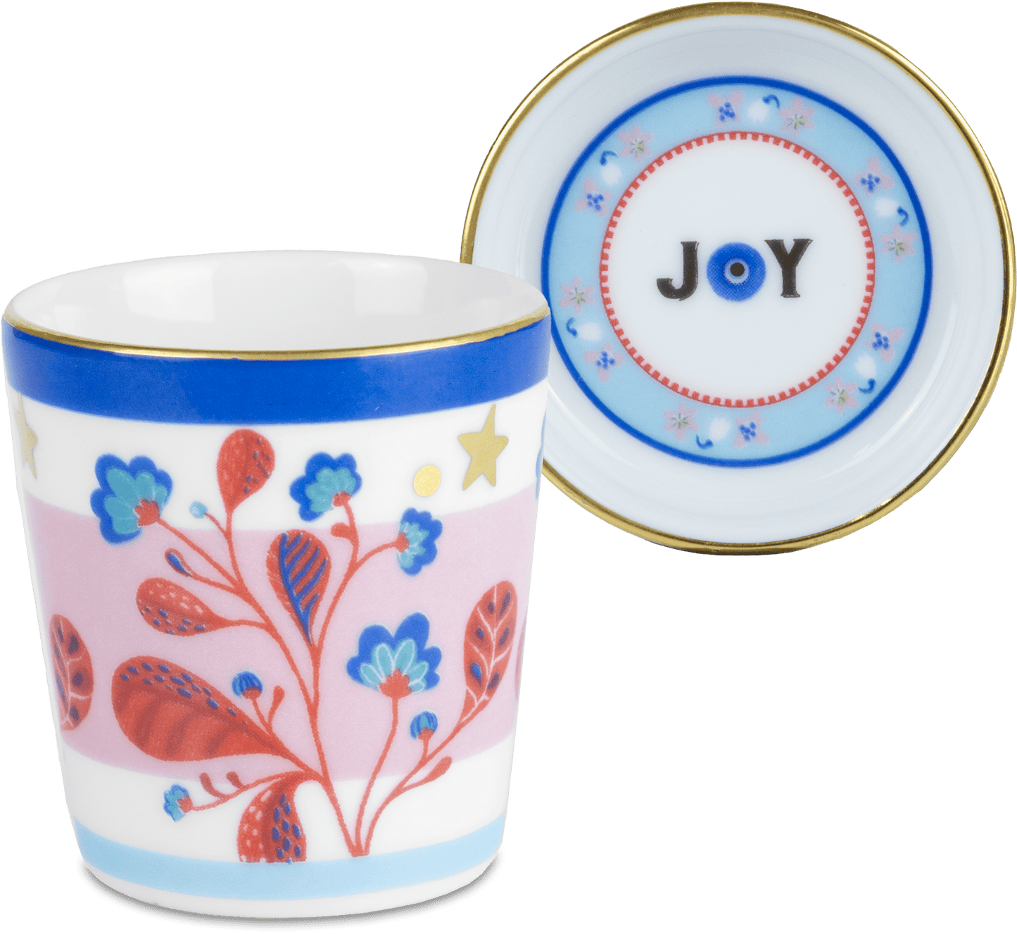 Porcelain Espresso Cup with Saucer/Lid Featuring The "Joy" Design by Baci Milano
