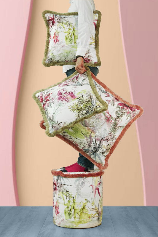 Pink - Fringed Round Toile Ottoman with Lime & Dusty Pink Fringe by Firenze