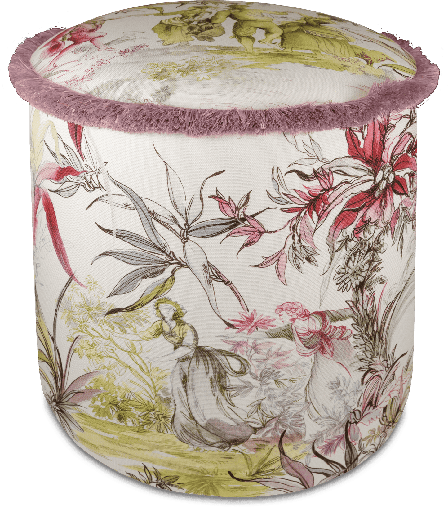 Pink - Fringed Round Toile Ottoman with Lime & Dusty Pink Fringe by Firenze