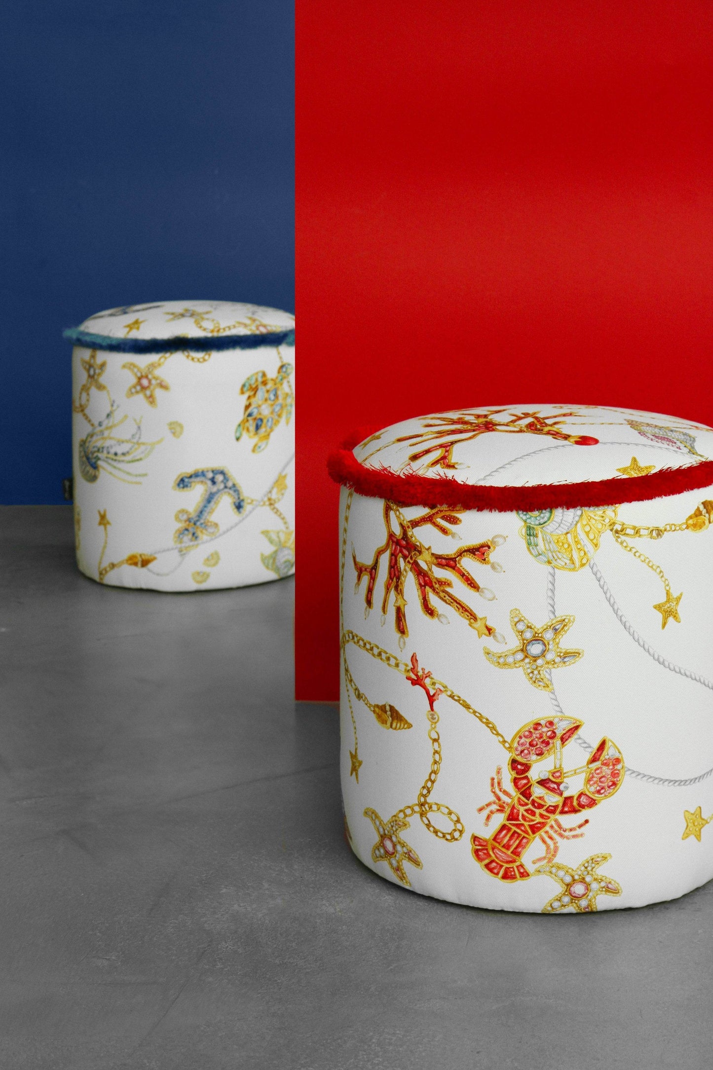 Small Ottoman with Nautical Mediterranean Design & Navy Fringe by Portofino