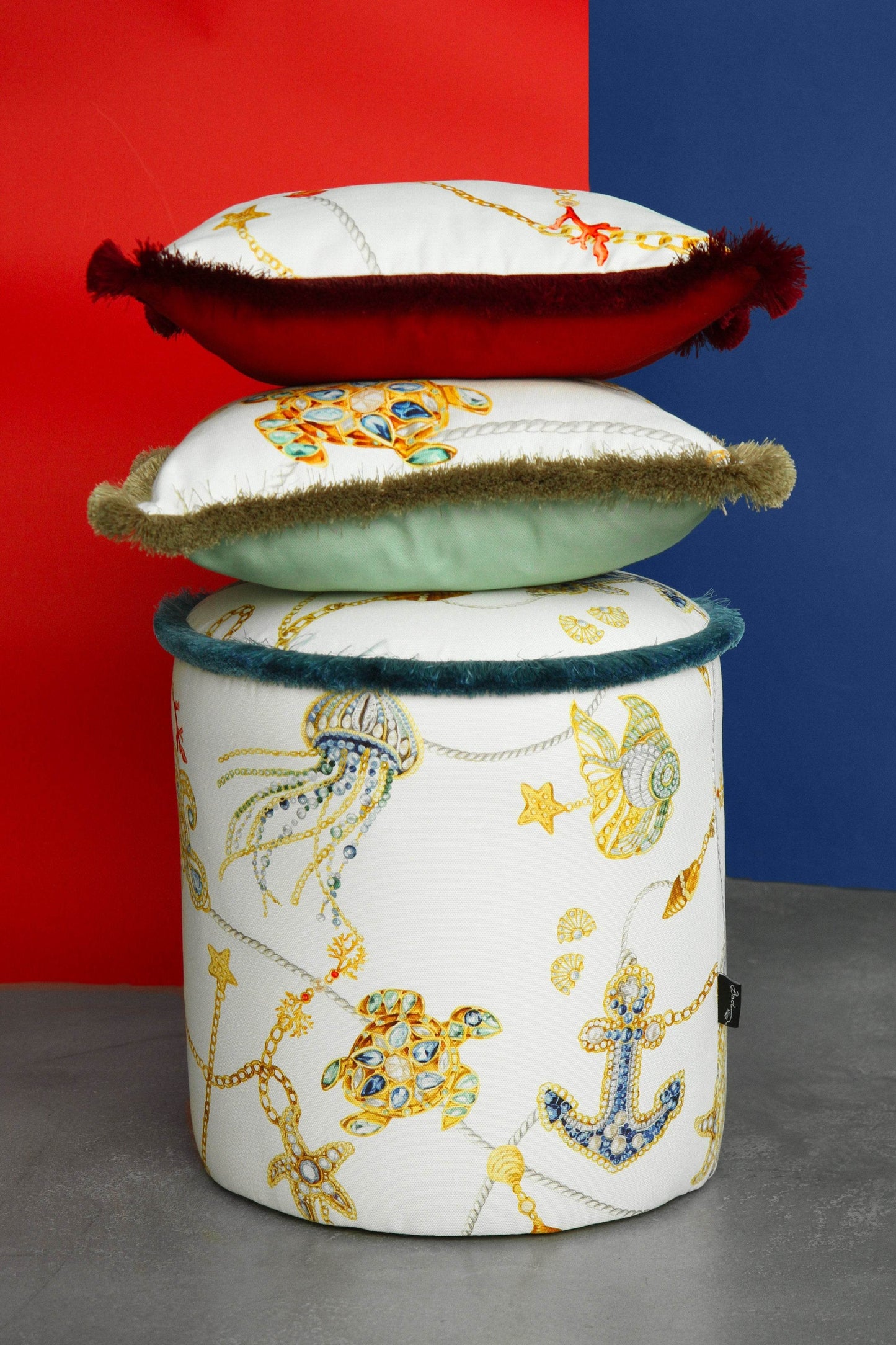 Small Ottoman with Nautical Mediterranean Design & Navy Fringe by Portofino