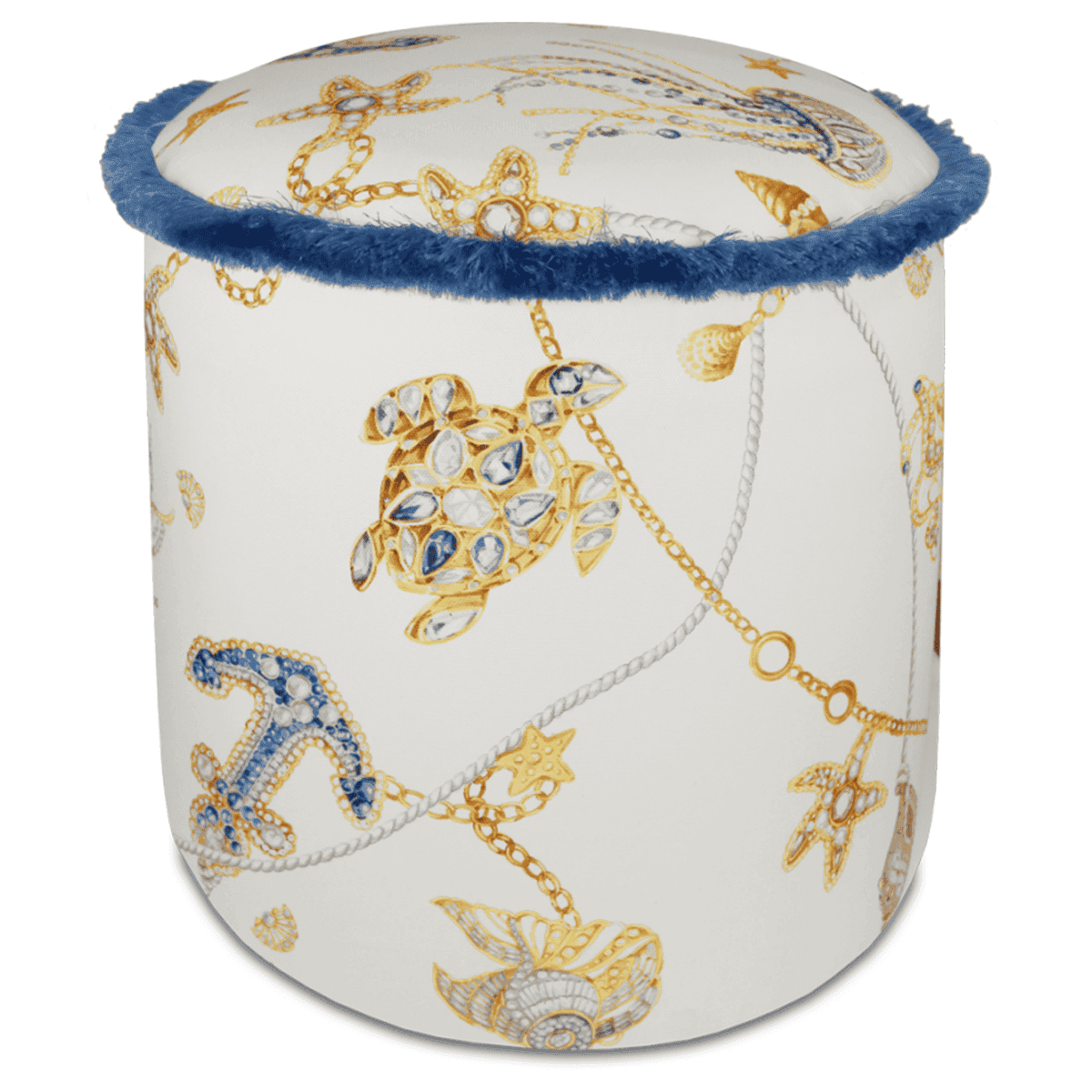 Small Ottoman with Nautical Mediterranean Design & Navy Fringe by Portofino